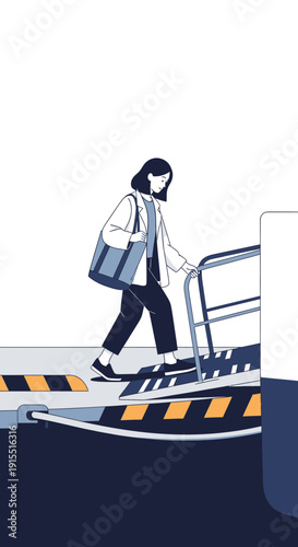 Woman Ascending Gangway On Board A Vessel For Voyage