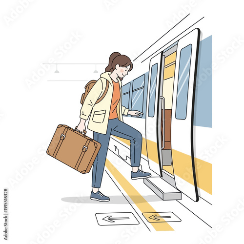 Woman Boarding Train With Luggage Commuting And Traveling Daily Journeys