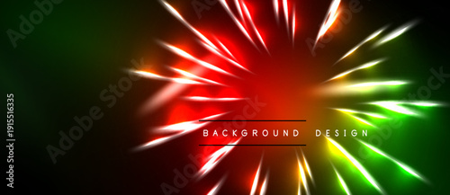 Abstract design features vibrant red, green, yellow light streaks radiating from central point against black backdrop. Modern, dynamic composition.