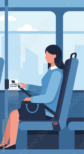 Woman Commuting Safely Seated on Public Transportation Scenic Urban View
