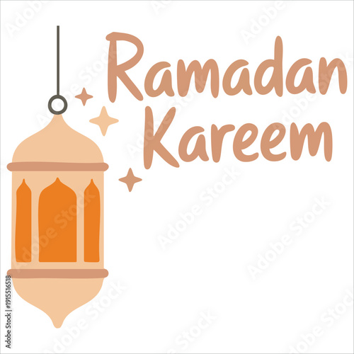 Seni Garis Ramadhan Kareem Poster dengan Ilustrasi Vektor Masjid dan Lentera