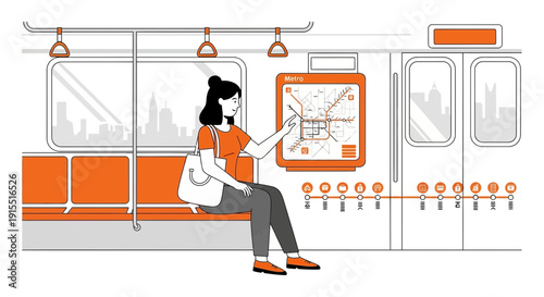 Woman Consults Metro Map Inside Subway Train Planning Urban Journey