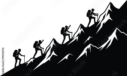 Group of four mountain climbers hiking up steep snowy peak with backpacks and poles cad drawing flat vector illustration silhouette