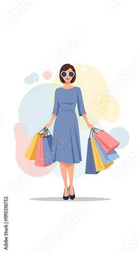 Woman Enjoying A Shopping Spree With Many Colorful Bags