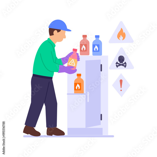 Chemical Handling, safe management of hazardous substances, Flat vector character illustration