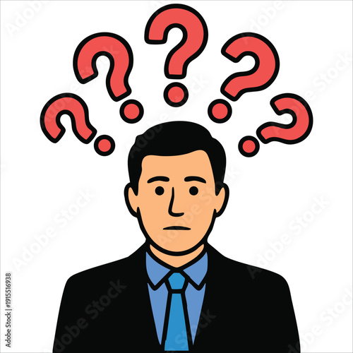 Confused Cartoon Character with Red Question Marks for Problem Concept
