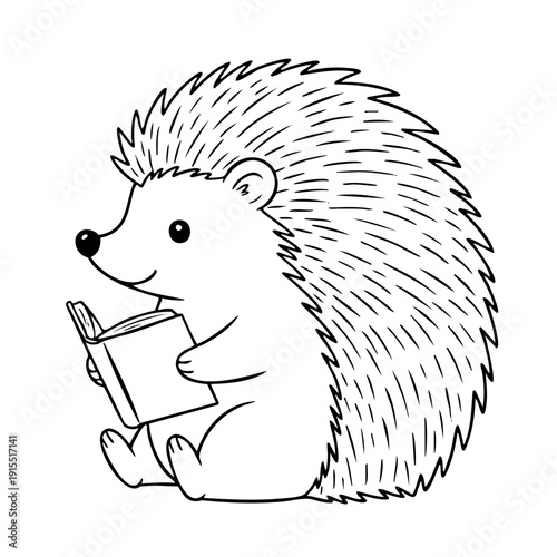Minimalist line drawing of hedgehog in profile reading book suitable for coloring page
