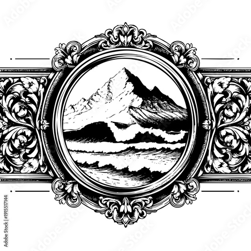 Vintage engraving of snow-capped mountain peak inside elaborate baroque decorative oval frame