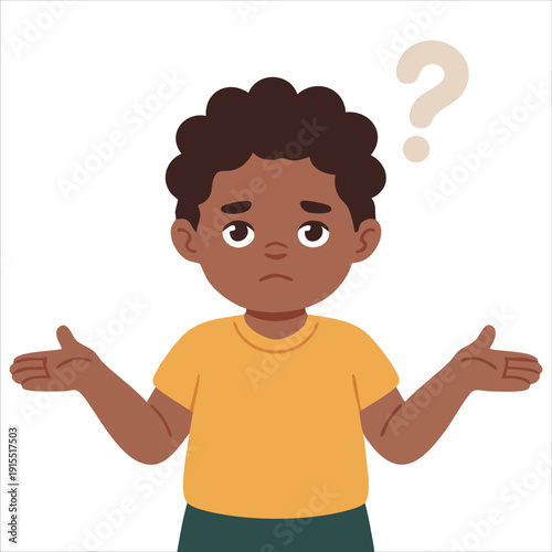 Cute Little African Boy Confused with Question Mark Cartoon Character Vector