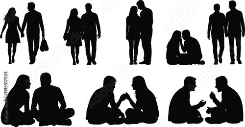 Collection of Couple Silhouettes Showing Romantic Relationship Stages, Love, Proposal, Intimacy, Communication and Conflict in Modern Partnership Concept Isolated on White Background