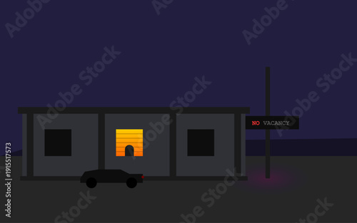Minimal flat vector illustration of a night roadside motel with glowing window, parked car, and no vacancy sign in a dark quiet landscape. Ideal for urban themes, posters, backgrounds, branding.