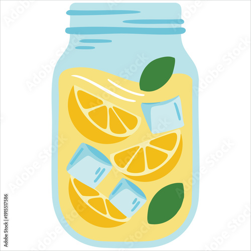Pitcher of Cool Lemonade with Lemon Slices Mint and Ice Flat Vector