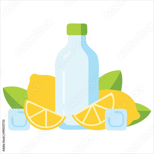 Bottle of Cool Lemonade with Mint and Lemon Slices Flat Vector Illustration