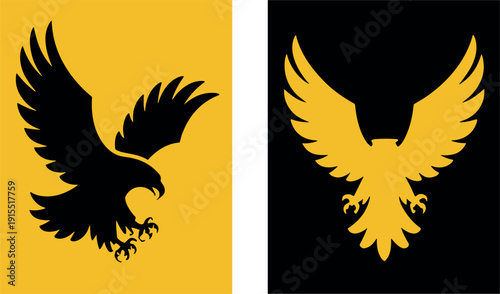 Flying eagle silhouette vector icon set with spread wings powerful bird symbol isolated on black and yellow backgrounds