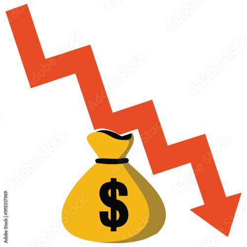 Minimalist vector illustration of financial crisis with declining economic graphs and bankruptcy symbols on white background
