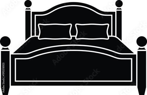 Classic double bed silhouette with pillows and headboard, bedroom furniture icon, home interior vector illustration, black solid design