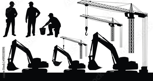 Construction site silhouette vector set, workers with cranes and excavators, black white heavy machinery building scene