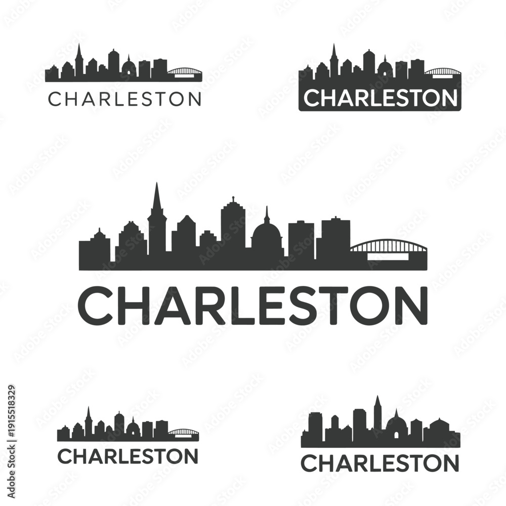 Fototapeta premium Various stylized silhouettes and text representations of charleston south carolina cityscape