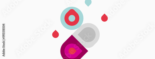 Abstract design features overlapping circles, pink accents, gray shapes. Minimalist composition with droplet elements, clean aesthetic.