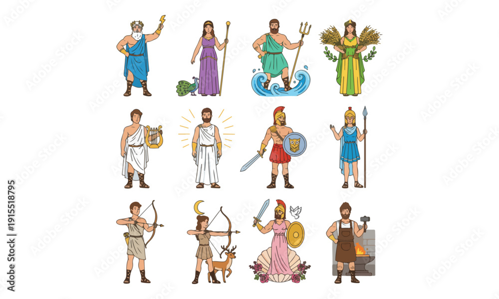 Fototapeta premium Greek Mythology Olympian Gods and Heroes Cartoon Vector Set Icons