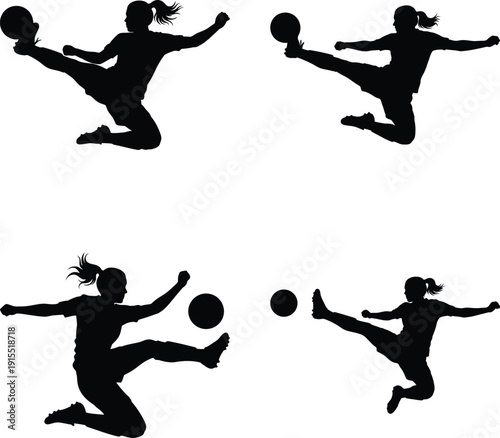 Four female athletes in dynamic soccer poses kicking and playing with balls displayed as a striking silhouette on transparent background