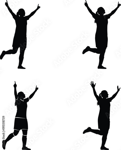 Four people jumping and cheering with arms raised a dynamic silhouette design on transparent background high quality professional detailed modern elegant