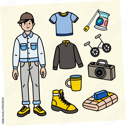 Cartoon traveler character with travel equipment icons, outdoor adventure lifestyle set, male tourist with camera and camping gear svg