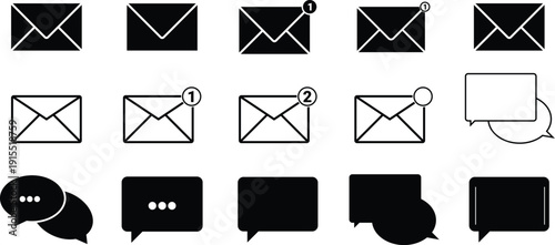 Email and Chat Notification Icon Set with Envelope Messages, Inbox Alerts, Speech Bubbles, Messaging Symbols and Communication UI Elements