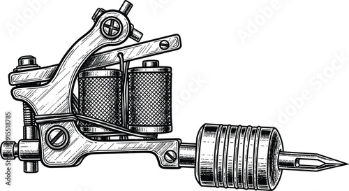 Vintage tattoo machine engraving style illustration isolated on white background, detailed professional tattoo gun vector artwork for studio design