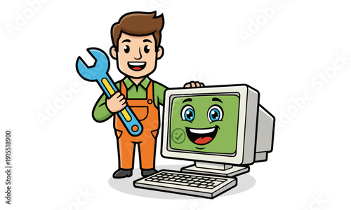 IT Support Technician and Happy Retro Computer Monitor Mascot with Wrench