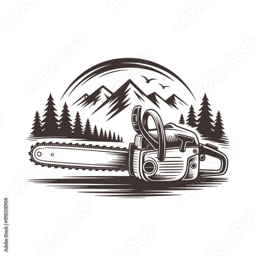 Vintage style illustration of a chainsaw against a mountain landscape with birds and evergreen trees