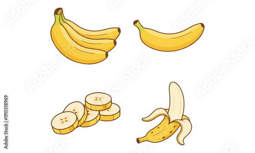 Banana Set Illustration: Bunch, Whole Fruit, Slices, and Peeled Banana.