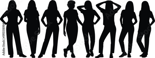Eight female silhouettes standing in varied poses, group of women vector illustration, minimalist black figure composition, fashion poses, teamwork and diversity concept