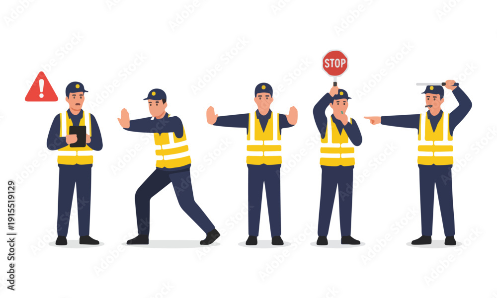 Obraz premium Safety Officer Poses Set: Stop Sign, Warning, Traffic Control Gestures