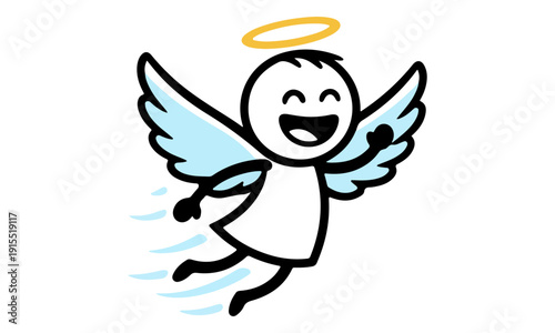 Cartoon Angel Stick Figure Flying Quickly with Halo and Blue Wings