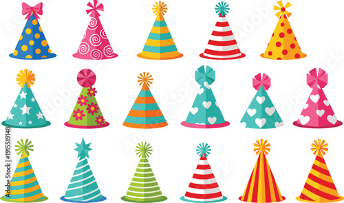 Set of colorful birthday party hats with various patterns including stripes, polka dots, hearts, and stars for festive celebrations, anniversaries, and holiday event decorations.