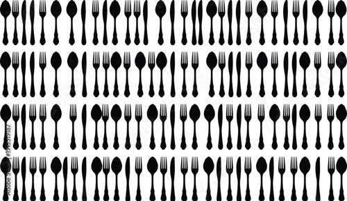 Fork spoon and knife silhouette pattern set isolated on white background, black cutlery collection vector illustration for kitchen restaurant design