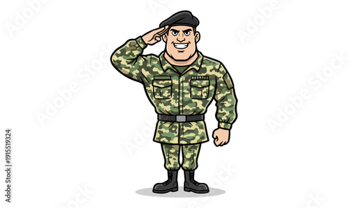 Soldier Mascot Character Saluting in Full Camouflage Uniform