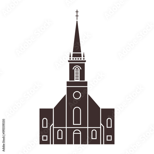A brown silhouette of a tall church building with a steeple windows and arched doorways against a white background