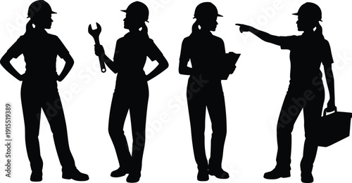 Female industrial worker silhouette vector set, women in hard hats with tools and clipboard, black white labor poses