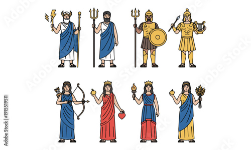 Greek Mythology Gods and Goddesses Line Art Icon Set (Zeus, Ares, Hera)