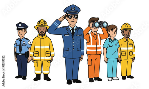 Essential Professionals Group: Police, Firefighter, Pilot, Nurse, and Workers.