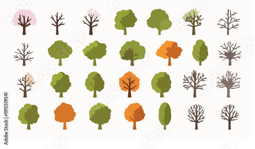 Seasonal vector tree collection spring summer autumn winter flat illustration set