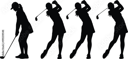 Female golfer silhouettes showing golf swing sequence from address to follow through, women playing golf vector illustration, sports motion study set