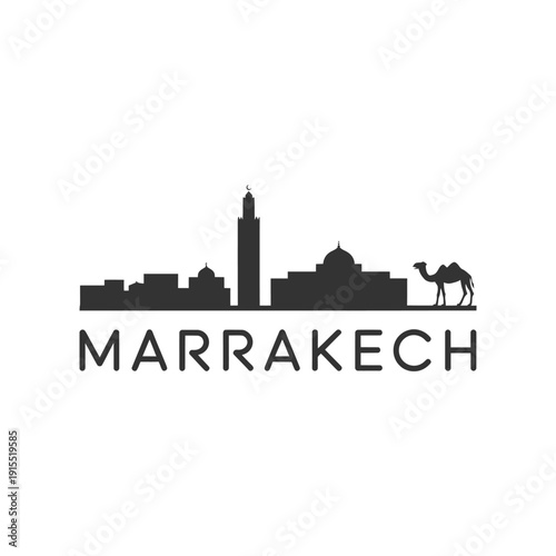 Silhouette skyline of marrakech morocco featuring a camel and iconic minaret structure
