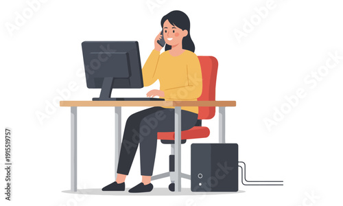 Professional Woman Talking on Phone While Working on Desktop Computer