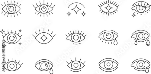 Set of minimalist mystical eye line icons featuring celestial stars, eyelashes, and teardrops for modern bohemian branding, occult esoteric aesthetics, and spiritual vision designs.