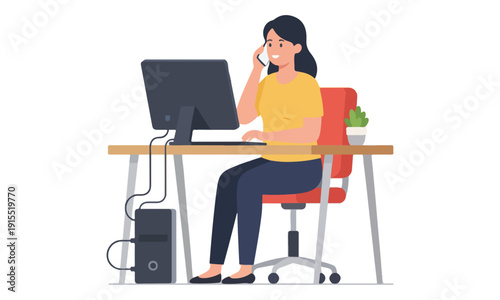 Businesswoman Talking on Phone and Working on Desktop Computer