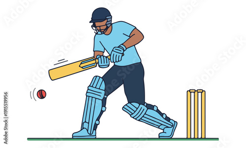 Batsman playing a drive shot with bat and ball near wickets