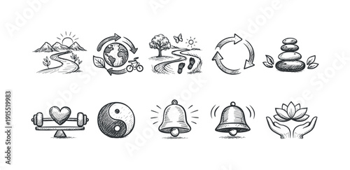 Nature and wellness outline icon set. Eco-friendly, relaxation, balance icons outline.